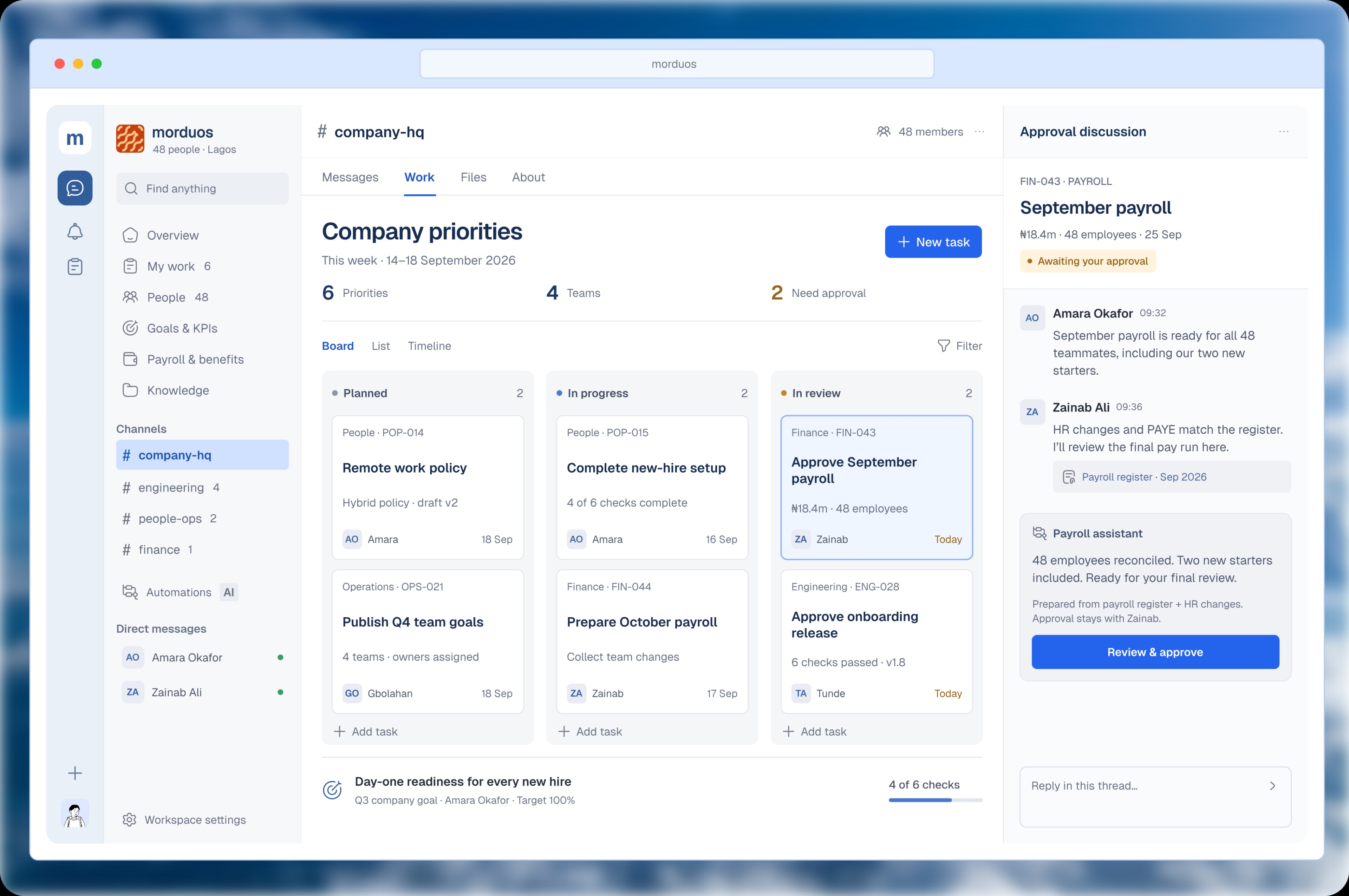 morduos workspace preview showing tasks, approvals, and team collaboration