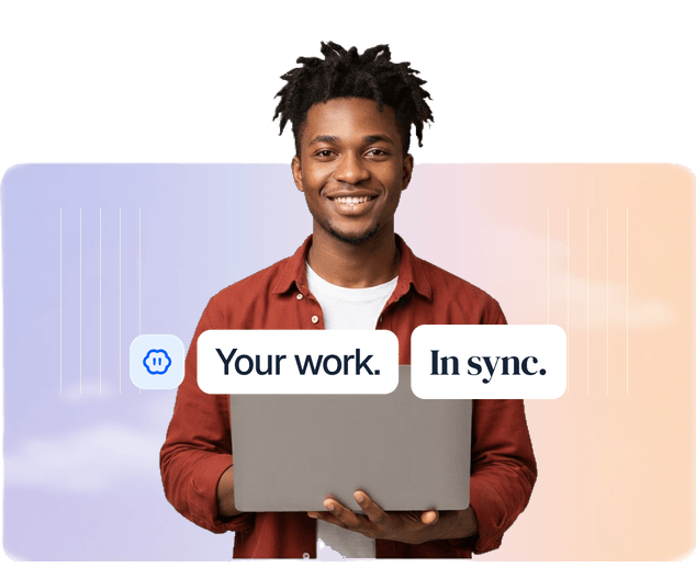 Team card showing a smiling man with a laptop and the caption Your work. In sync.